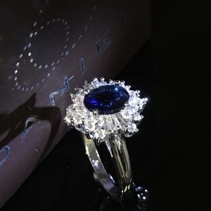 Sapphire White Dia Silver Princess Diana Halo Ring